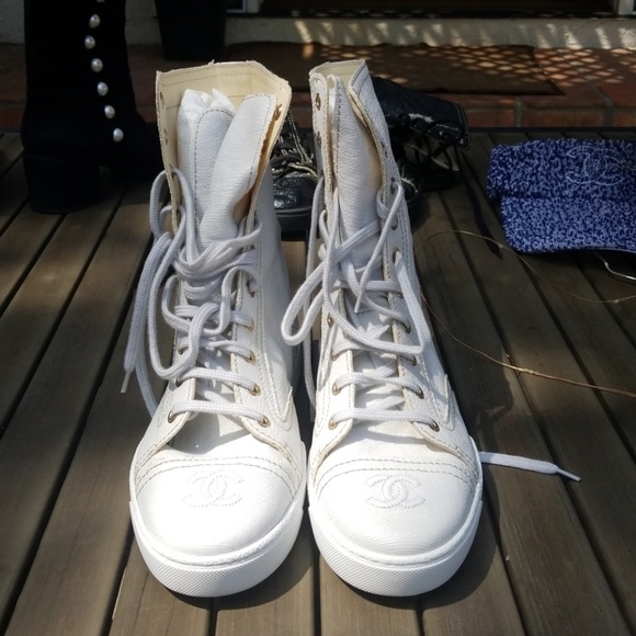 chanel white combat boots
